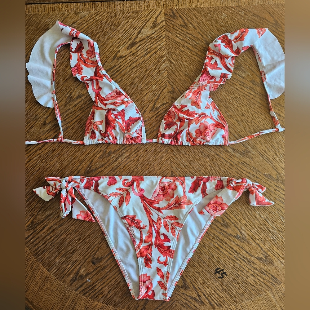 sz L Floral Frilly Side Tie Bikini Beach‎ Spring Break Easter Vacation Easter